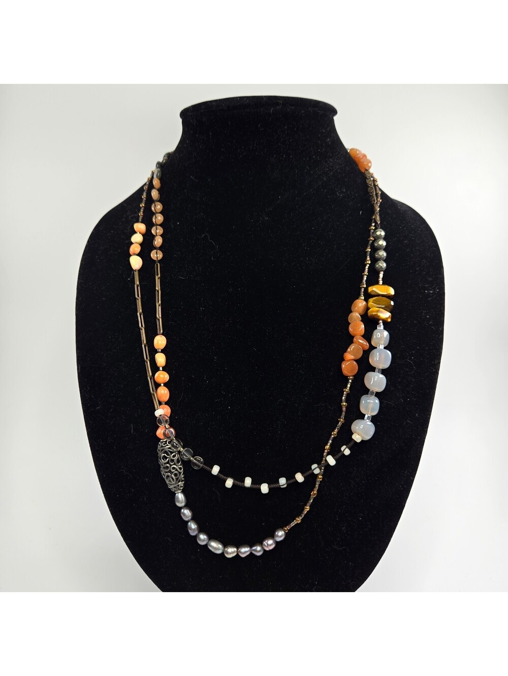Silpada Long Multi Gemstone Necklace Carnelian Agate Pearl Coral Quartz Sterling